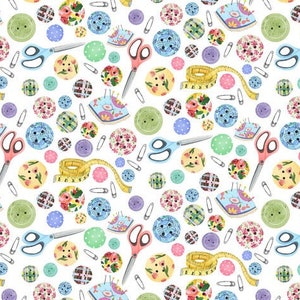 Sewing Notions Buttons Fabric, Sewing Room Studio, Craft Apron, Machine Cover, NEW Fabric BTHY - Per HALF Yard - NF6651