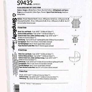 May include: Simplicity pattern S9432 for a plush Grogu and soft space pram. Includes fabric requirements for Grogu and pram, with measurements in inches and ounces. Features diagrams of Grogu and pram.