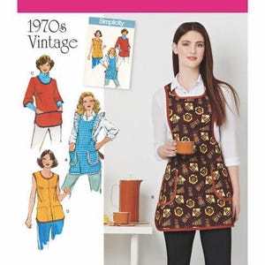 May include: A Simplicity sewing pattern for vintage aprons. The image shows a woman wearing a brown apron with a geometric design. The pattern includes illustrations of various apron styles from the 1970s, with measurements in cm.
