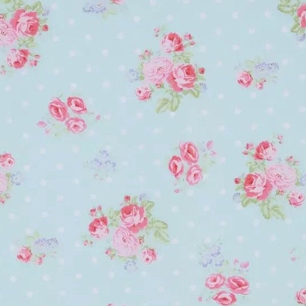 Rose Bouquet and Polka Dot Fabric, Pink Roses on Light Blue Dotted, Pink Green White Blue, NEW Fabric BTHY - 1/2 Yard - NF5468