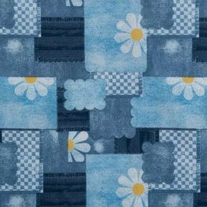 May include: A fabric pattern featuring a patchwork design of blue denim textures, white and yellow daisy flower motifs, and light blue and white chequered squares. The repeating print combines various shades of blue in a structured grid layout.