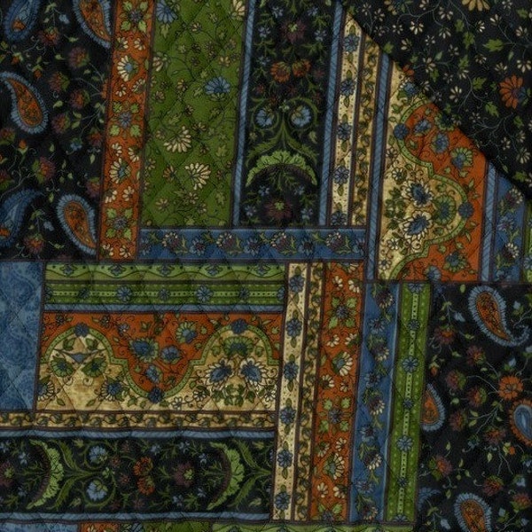 Pre Quilted Patchwork Mosaic Fabric, Vintage Style, 2 Sided, Black Olive Blue Orange Gold, NEW Fabric BTHY - 1/2 Yard - QF5320