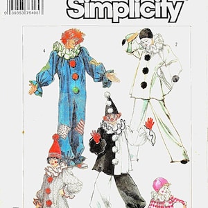 May include: A Simplicity sewing pattern envelope 7649 featuring illustrations of five clown costumes. The designs include a blue jumpsuit with patches, a white outfit with black pom-poms, a black and white split-color suit, a polka-dot jumpsuit, and a pink checkered top.
