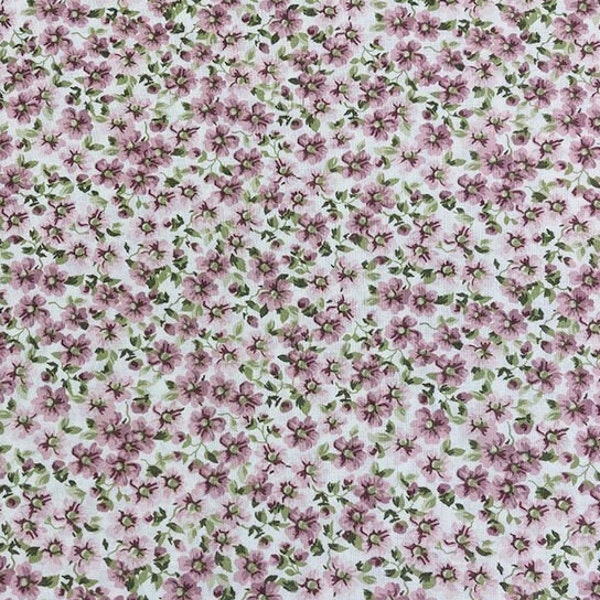 Mauve Floral Fabric, Sweet Mauve Packed Floral, Small Calico Print on White, NEW Fabric BTHY - 1/2 Yard - NF4556