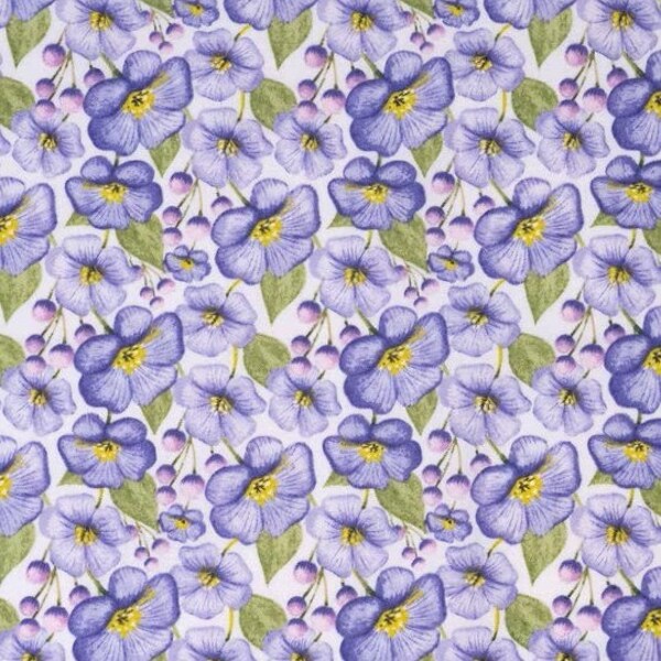 Purple Blooms and Leaves Floral Fabric, Packed Large Floral, Lavender Green Pink White, NEW Fabric BTHY - 1/2 Yard - NF5521