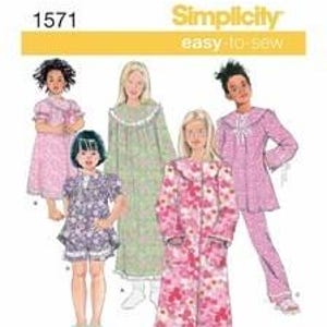 May include: Simplicity 1571 easy-to-sew pattern envelope featuring illustrations of five different sleepwear garments including a short-sleeved nightgown, a long-sleeved nightgown, a short pajama set, a long robe, and a long-sleeved pajama set with pants.