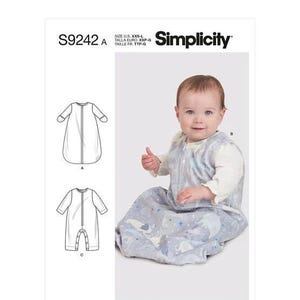 May include: Simplicity sewing pattern S9242 for a baby sleep sack and sleeper. The pattern envelope features a light blue wearable blanket with an elephant print, a front zipper, and technical line drawings for styles A and C in sizes XXS-L.