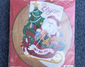 Santa Stocking Craft Kit, Santa in a Sleigh, RETIRED Felt Applique Kit by Bucilla Kit No 33186, Complete Santa Craft Kit - CK2829