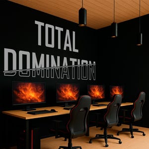 Può includere: Una sala giochi con quattro configurazioni di computer, ciascuna con un monitor che mostra un'immagine infuocata. La stanza presenta pareti nere con la scritta "TOTAL DOMINATION" in bianco, scrivanie in legno e sedie da gioco nere e rosse.