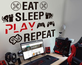Eat Sleep Play Repeat Gamer Wall Decal: Gaming Room Decor