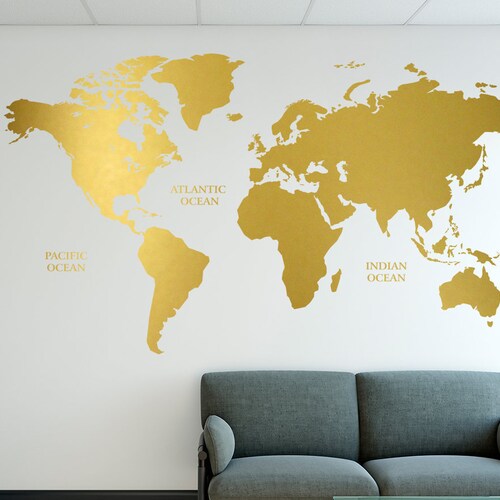 Gold World Map Wall Decal Wall Sticker Home Decor Office Etsy