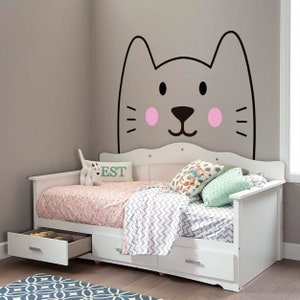 Minimalistisches Katzen-Kopfteil-Wandtattoo - Niedliches Kinderzimmer-Dekor, abnehmbare Vinylwandkunst für Spielzimmer und Schlafzimmer