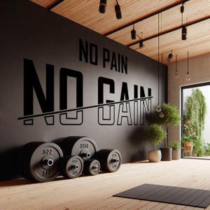 Naklejka ścienna motywacyjna No Pain No Gain – minimalistyczna dekoracja siłowni, naklejka z cytatem o kondycji fizycznej, winylowa sztuka ścienna do domowej siłowni lub studia fitness