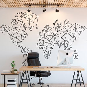 Weltkarte Aufkleber, Geometrische Wandkunst, Büro Dekor, Abstrakte Kunst, Großes Abziehbild, Geometrisch, Wandkunst, Minimalistisch, Abstrakte Wandkunst, Moderne Kunst