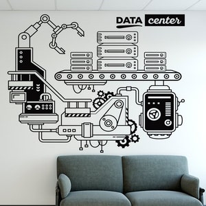 May include: Black and white illustration of a data centre with a conveyor belt, gears, and a robotic arm. The text "DATA centre" is at the top of the image.