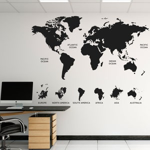 Büro Weltkarte, Kontinente, Landkarte Wandtatto, Landkarte Wandsticker, Büro Deko, Karte Aufkleber, Wanddeko, Büro Wanddeko