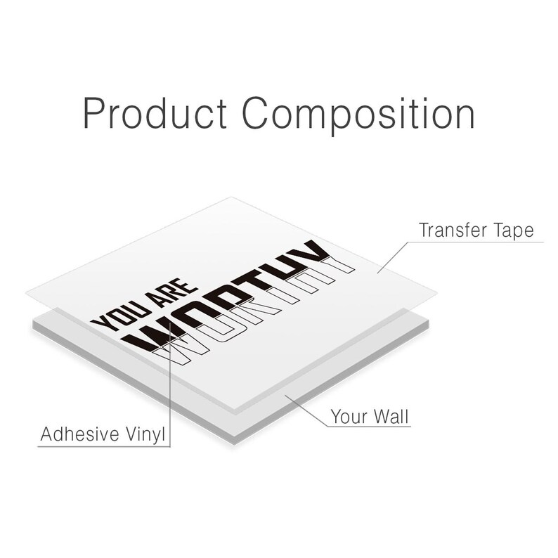 May include: A diagram showing the layers of a wall decal. The decal is made of adhesive vinyl with the text "You Are Worthy" printed on it. The decal is applied to a wall using transfer tape.