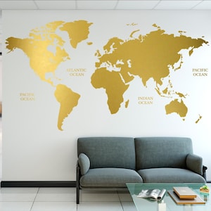 Sticker mural carte du monde doré - oeuvre d'art murale minimaliste en vinyle pour la maison ou le bureau, décoration inspirante sur le thème du voyage, sticker mural découpé