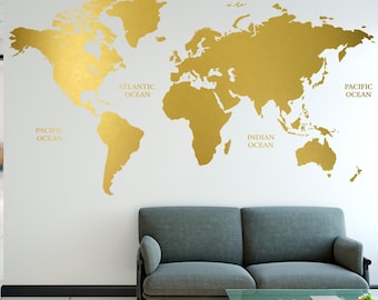Gold World Map Wall Decal: Minimalist Travel Decor