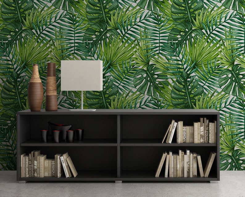 Tropical Leaves, Palm Leaves, Wallpaper, Tropical Decor, Wall Decor, Removable Wallpaper, Temporary Wallpaper, Nursery, Fabric Wallpaper image 1