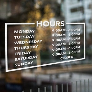 Business Hours, Store Sign, Store Display Decal, Store Front Hours, Store Front Decal, Boutique Decal, Business Sign, Office Door Sign, Gift