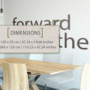 May include: A white wall with the text "forward together" in black lettering. Below the text is a white box with the text "[DIMENSIONS]" in black lettering. The box contains the following text: "L: 120 x 50 cm | 47.24 x 19.68 inches XL: 280 x 120 cm | 110.23 x 47.24 inches".