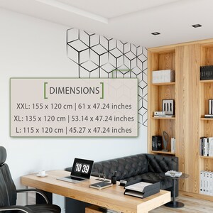 May include: A black and white geometric wall decal with a modern design. The decal is shown in a home office setting with a wooden bookshelf, a black leather sofa, and a wooden desk with a clock. The decal is available in three sizes: XXL (61 x 47.24 inches), XL (53.14 x 47.24 inches), and L (45.27 x 47.24 inches).
