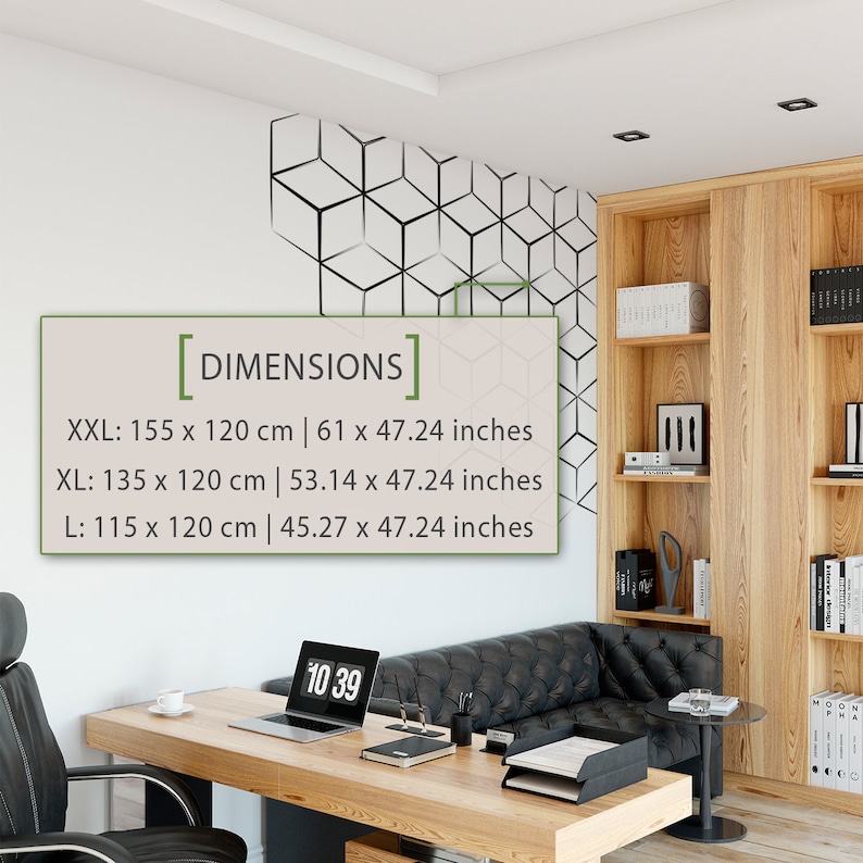 May include: A black and white geometric wall decal with a modern design. The decal is shown in a home office setting with a wooden bookshelf, a black leather sofa, and a wooden desk with a clock. The decal is available in three sizes: XXL (61 x 47.24 inches), XL (53.14 x 47.24 inches), and L (45.27 x 47.24 inches).