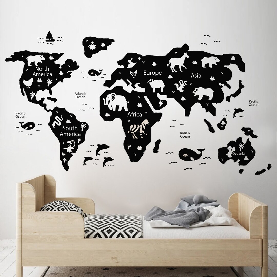 Kids World Map, Nursery Map, World Map Decal, Animals, Map With Animals