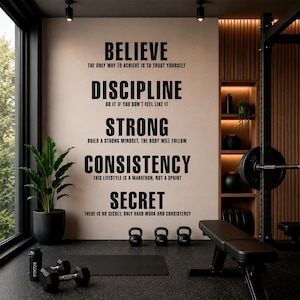 Motivational Gym Wall Decal - Believe Discipline Strong Consistency Secret - Word Art for Home Gym & Workout Room