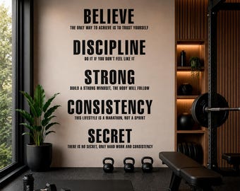 Motivational Gym Wall Decal - Believe Discipline Strong Consistency Secret - Word Art for Home Gym & Workout Room