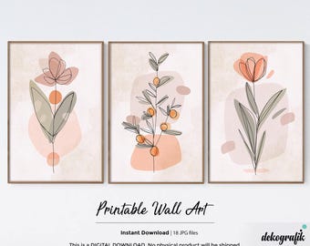 Minimalist Flower Wall Art | Botanical Line Art Prints | Digital Download Set of 3