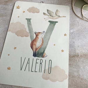 POSTER INIZIALE NOME, stampa acquerellata iniziale bambino e animali del bosco, decorazione cameretta, nursery room, decorazione parete