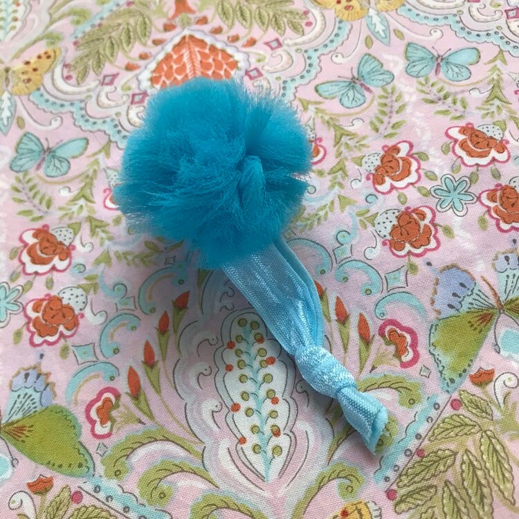 Turquoise blue tulle pom pom hair tie on silky band. Etsy