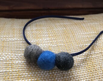 Felted wool pom pom headband in grays and blues