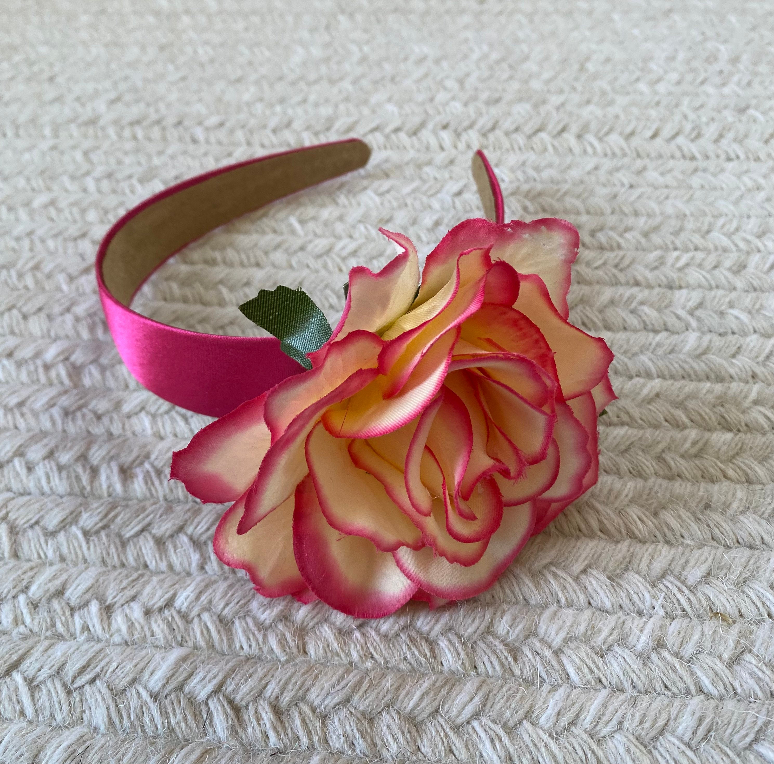 Fly By Night • Satin Floral Pink Cream Headband Floral Satin Headband: Rose Accent, Special Occasion Hair  main image 2