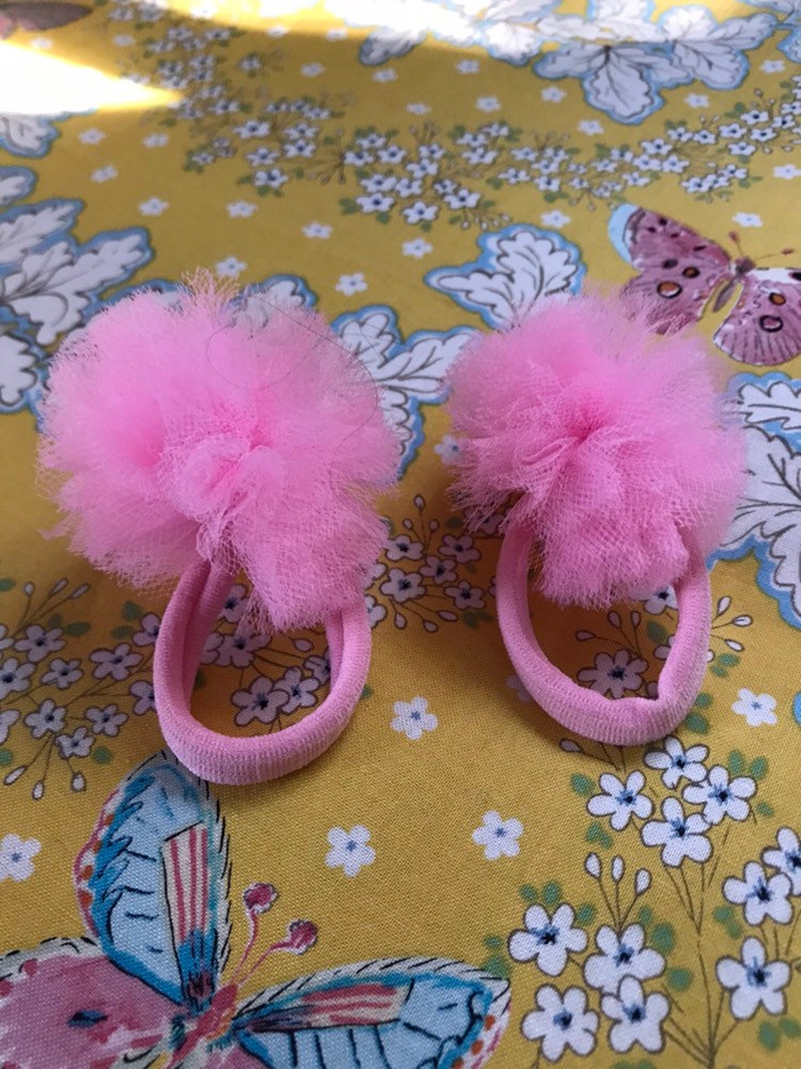 Two pink tulle pom pom hair ties Etsy