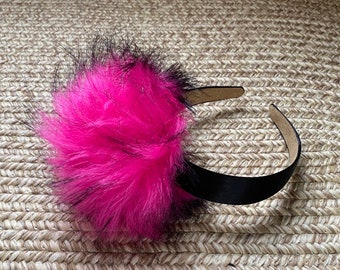 Hot pink and black faux fur pom pom headband