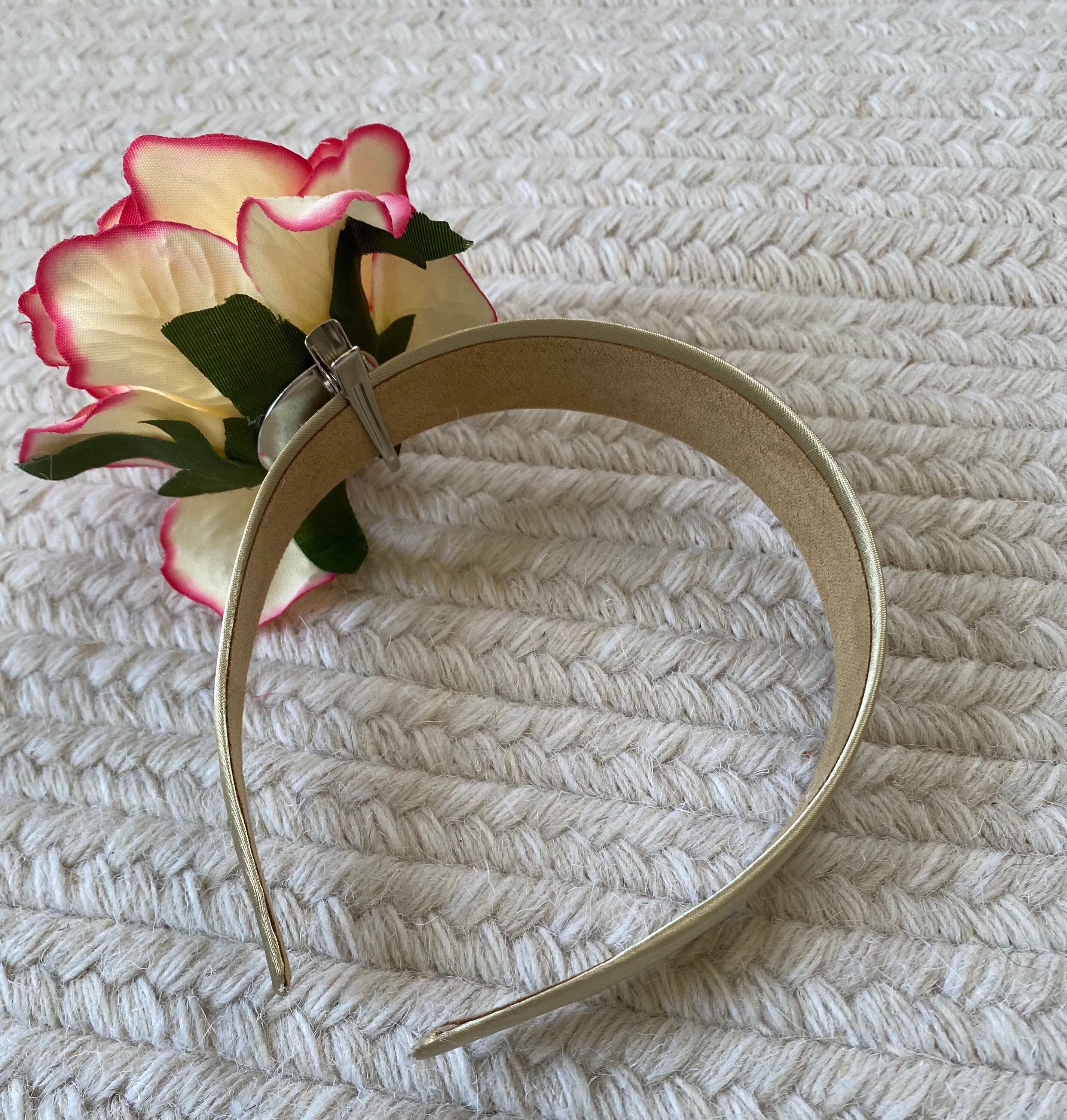 Fly By Night • Satin Floral Pink Cream Headband Floral Satin Headband: Rose Accent, Special Occasion Hair  main image 3