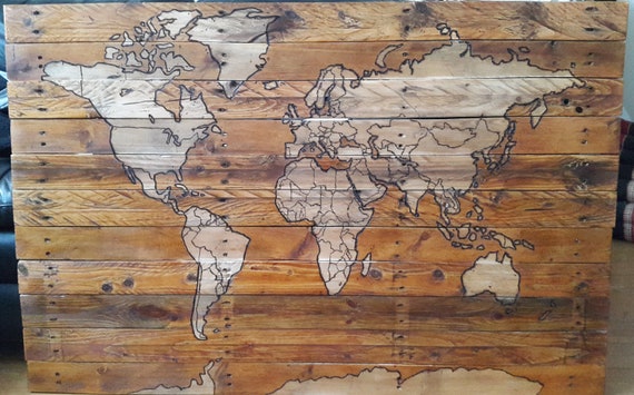 World Map Burnt Etched Into A Recycled Pallet Osb Board Wood Upcycled Wall Hanging Art Picture Wooden
