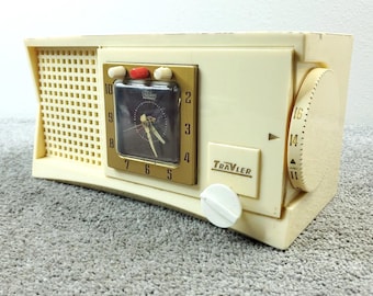 Radio reloj de tubo TRAV-LER Karenola 56-C42, blanco, de mediados de siglo, vintage, no funciona