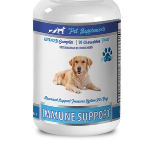 May include: White bottle with a blue label that says "Pet Supplements" and "ADVANCED Complex 90 Chewables Tablets". The label also says "VETERINARIAN RECOMMENDED" and "IMMUNE SUPPORT". A golden retriever dog is pictured on the label.