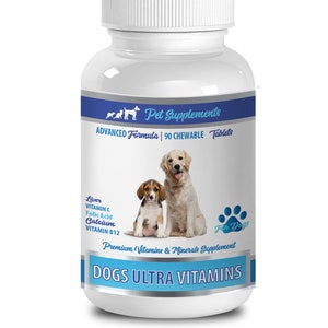 May include: White bottle with a blue label that says "Pet Supplements" and "Dogs Ultra Vitamins". The label also includes a picture of two dogs, one large and one small, and the text "Advanced Formula | 90 Chewable Tablets".