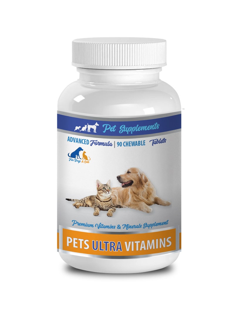 May include: White bottle with a blue label that says "Pet Supplements Advanced Formula 90 Chewable Tablets For Dogs & Cats Premium Vitamins & Minerals Supplement Pets Ultra Vitamins". The label also features a cartoon dog and cat.