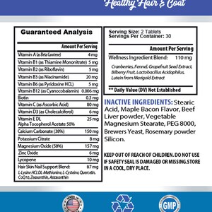 May include: A blue and white label with the text "Healthy Hair & Coat" and a list of ingredients and their amounts per serving. The label also includes a list of inactive ingredients and storage instructions.