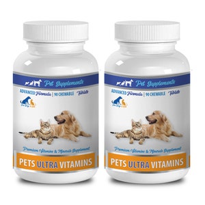 May include: Two white bottles of pet supplements with blue labels. The labels feature a dog and cat, the text "Pet Supplements", "Advanced Formula", "90 Chewable Tablets", and "Pets Ultra Vitamins".