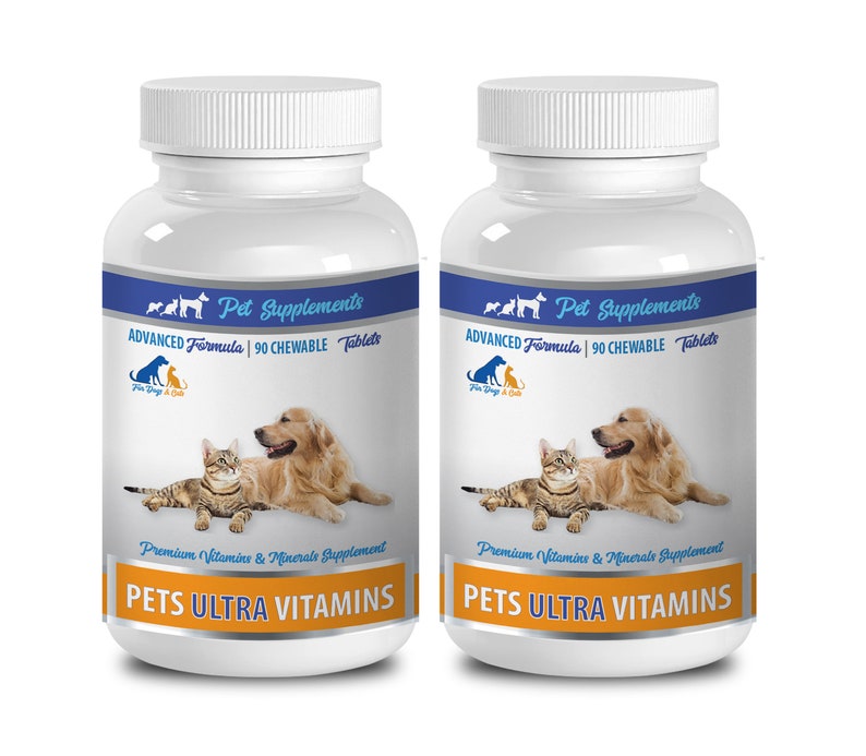 May include: Two white bottles of pet supplements with blue labels. The labels feature a dog and cat, the text "Pet Supplements", "Advanced Formula", "90 Chewable Tablets", and "Pets Ultra Vitamins".