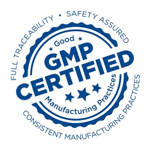 May include: Blue and white circular stamp with the text "GMP Certified" in white. The stamp also includes the text "Good Manufacturing Practices" and "Full Traceability - Safety Assured - Consistent Manufacturing Practices".