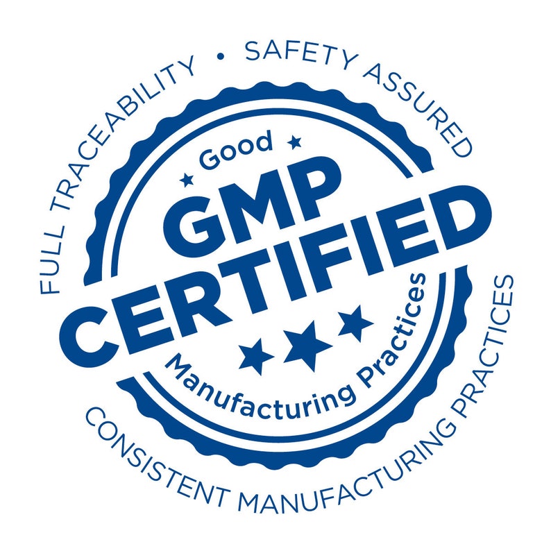 May include: Blue and white circular stamp with the text "GMP Certified" in white. The stamp also includes the text "Good Manufacturing Practices" and "Full Traceability - Safety Assured - Consistent Manufacturing Practices".