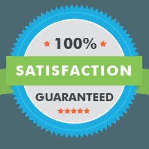 May include: A blue and white seal with a green ribbon and the text "100% SATISFACTION GUARANTEED" in orange.